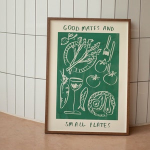 Good Mates and Small Plates Wall Print | Tapas Food and Drink Poster | Trendy Wall Art | Sardines, Oysters, Tomato, Broccoli Print