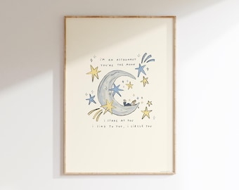 Eres la Luna, te miro fijamente. Lámina para pared / Letra de Noah Kahan. Póster inspirado en The Great Divide / Arte musical.