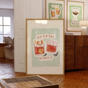 Descarga digital Impresión de pared de noche de Negroni / Póster de pared de cócteles / Arte ilustrado de Negroni / Arte de pared de cocina / Póster de moda para amantes de las bebidas