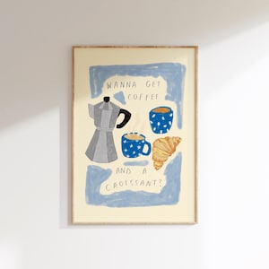 Póster de pared con café y croissant / Arte de comida y bebida / Arte de pared estético y moderno / Ideas de regalos para amantes del café / Decoración del hogar otoñal