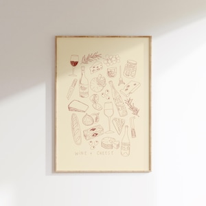 Wine and Cheese Night Wall Print | Illustrated Wall Art | Digital Download | Cheese Lover | Wine Lover Gift Idea | Kitchen Decor