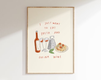 East Pasta and Drink Wine Wall Art | Food and Drink Illustration | Wine Poster | Pasta Wall Art | Aesthetic Trendy Wall Art | Gift Idea