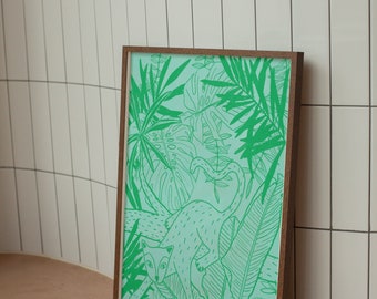 Digital Download Big Jungle Cat Wall Print | Leopard Poster | Jungle Plant, Cheese Plant Home Art | Illustrated Green Wall Art Print at Home