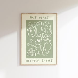 Descarga digital: Chicas atractivas dan a luz - Impresión de pared de partera rosa / Ilustración de atención médica / Póster del NHS / Arte de pared de enfermera / Idea de regalo para bebé
