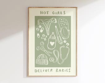 Digital Download Hot Girls Deliver Babies - Midwife Wall Print Pink | Healthcare Illustration | NHS Poster | Nurse Wall Art | Baby Gift Idea