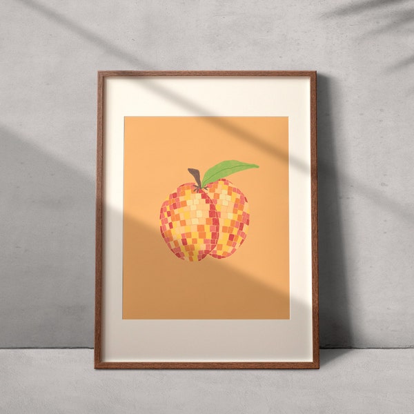 Disco Peach Wall Print | Disco Ball Fruit Poster | Food and Drink Illustration | Peachy Trendy Wall Artwork | Aesthetic Wall Art