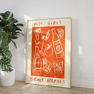 Heiße Mädchen trinken Aperol Wanddruck | Aperol Spritz Illustration | Getränke Poster | Cocktail Wandkunst | Bar-Kunst-Idee