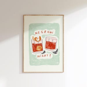 Negroni Night Wall Print | Cocktail Wall Poster | Illustrated Negroni Art | Kitchen Wall Art | Trendy Poster Drink Lover | Bartender Gift