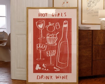 Digital Download Hot Girls Drink Wine Wall Print | Vino Illustration | Drinks Poster | Wine Lover Wall Art | Bar Art Idea | Gifts For Girls