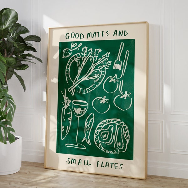 Digital Download Good Mates and Small Plates Wall Print | Tapas Food and Drink Poster | Trendy Wall Art | Sardines, Oysters, Tomato, Print