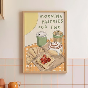Digital Download Morning Pastries For Two Wall Print | Food and Drink Artwork | Croissant Lover Gift Ideas | Pastry Poster | Cinnamon Bun