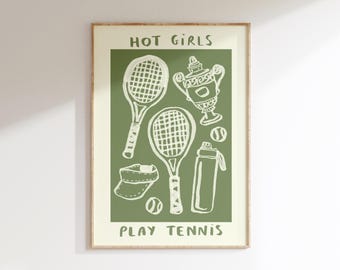 Impresión de pared de chicas atractivas jugando al tenis / Ilustración deportiva / Arte de pared de salud y fitness / Regalos para chicas / Wimbledon / Arte de pared moderno con raqueta