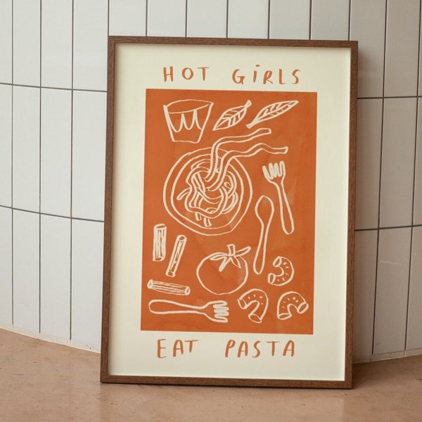 Digitaler Download „Hot Girls Love Pasta“-Kunstwerk | Pasta-Tomaten-Illustration | Ästhetische trendige Wandkunst | Küchenposter | Geschenk für Kochliebhaber