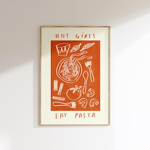 Hot Girls Love Pasta Artwork | Pasta Tomato Illustration | Aesthetic Trendy Wall Art | Kitchen Poster | Cooking Lover Gift Idea | Recipe Art
