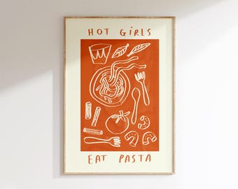 Hot Girls Love Pasta Artwork | Pasta Tomato Illustration | Aesthetic Trendy Wall Art | Kitchen Poster | Cooking Lover Gift Idea | Recipe Art