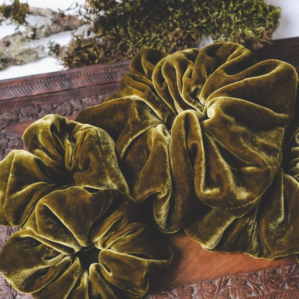 XXL Scrunchie - Old World Olive - Silk & Viscose Velvet Oversized Scrunchie – Hand-Stitched  – Luxury Hair Accessory