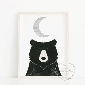 Bear Printable Art, JPG Instant Downloadable Nursery Wall Art, Black Bear with Crescent Moon Poster, Woodland Animal, Baby Shower Gift