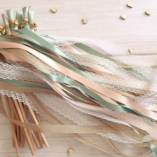 Rustikale Wedding Wands mit Glöckchen und Juteband für die Hochzeit in Vintage Boho Look  ab 10 Stk., Hochzeitsstäbe mit 4 Bänder