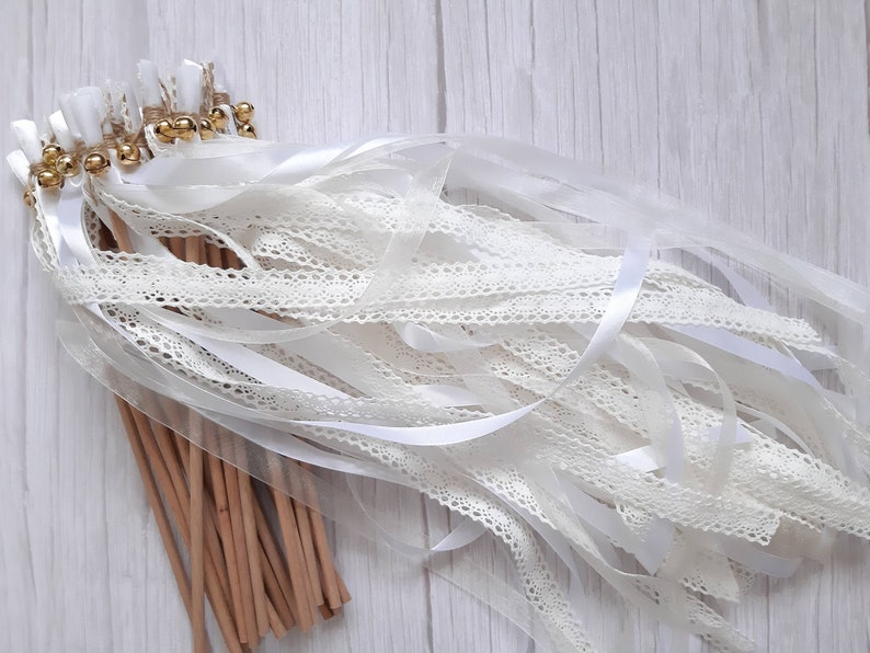 Wedding Wands mit Häkelband für die Hochzeit in Vintage Boho Look mit 3 Bänder ab 10 Stk., Hochzeitsstäbe, Glücksstäbe, Zauberstäbe Bild 5