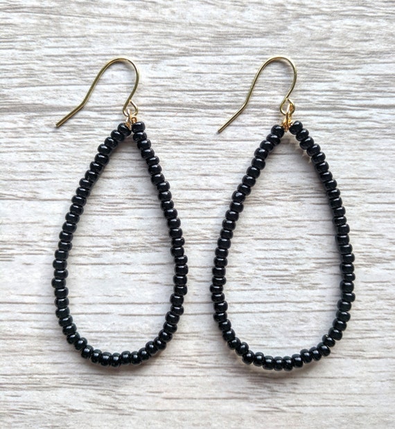 Tear Drop Wire W/ Black Beading Minimalist Earrings