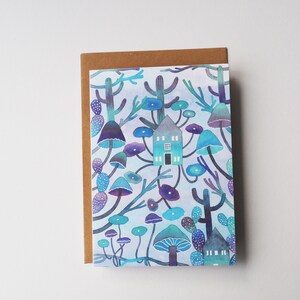 Karta Blue Mushroom House, Ilustracja grzybów i kaktusa, Sztuka botaniczna, Karta z pozdrowieniami, Prezent dla miłośników natury