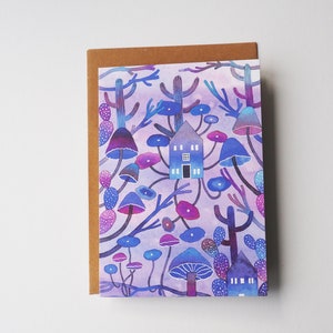 Lila Pilz Haus Karte, Pilze & Kaktus Illustration, botanische Kunst, Grußkarte, Naturliebhaber Geschenk
