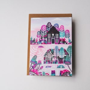 Carte magique rose de jardin de fée, art de conte de fées, illustration d’enfants, carte de voeux, cadeau de douche de bébé