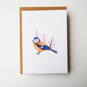 Tarjeta de teta azul, ilustración de aves, ilustración de vida silvestre británica, regalo de los amantes de las aves