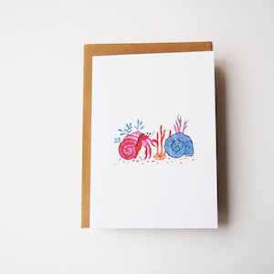 Tarjeta de cangrejo ermitaño, ilustración de la criatura del mar, tarjeta de saludo, regalo de los amantes de la naturaleza