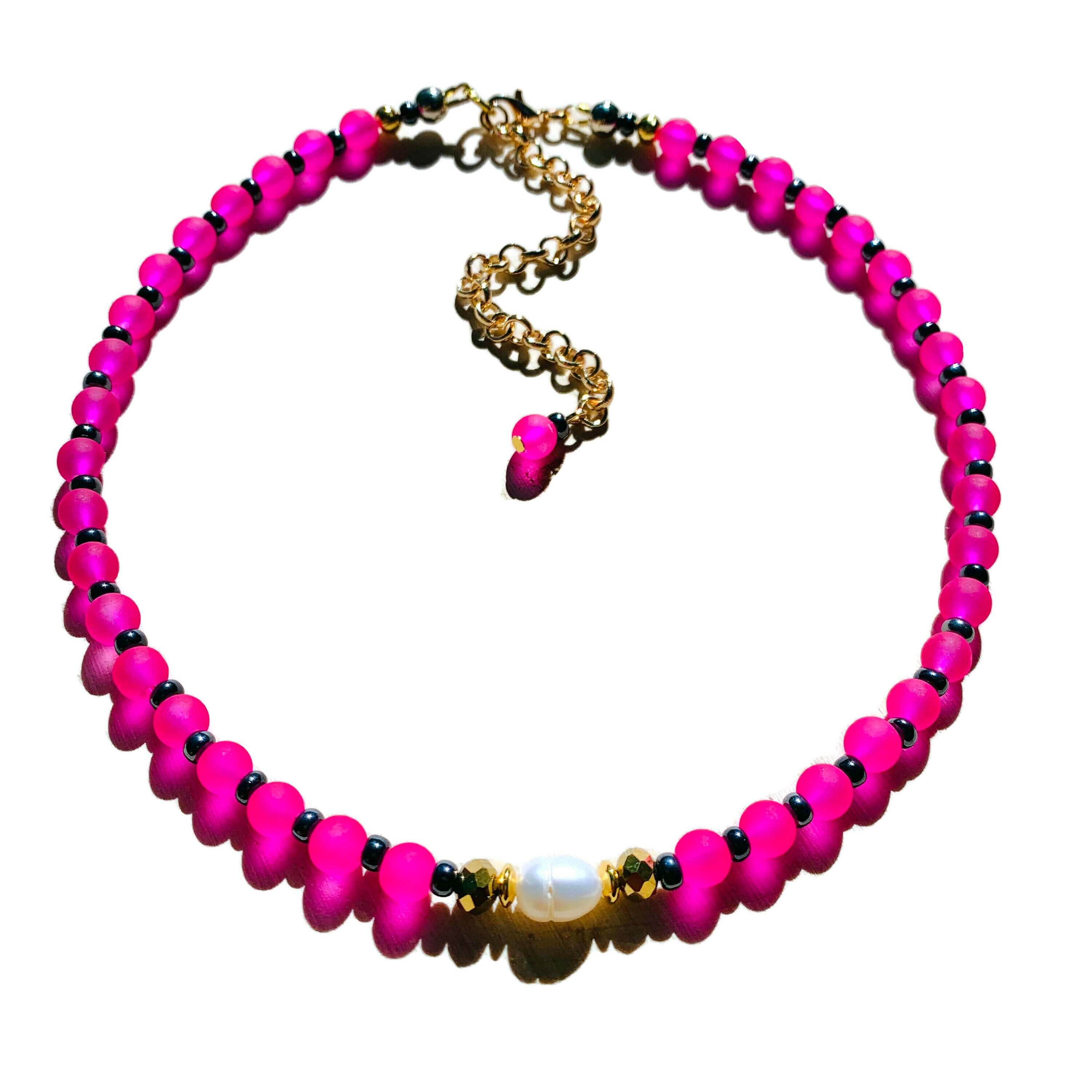 Colorful Beaded Choker Necklace Hot Pink Necklace Pearl Etsy UK