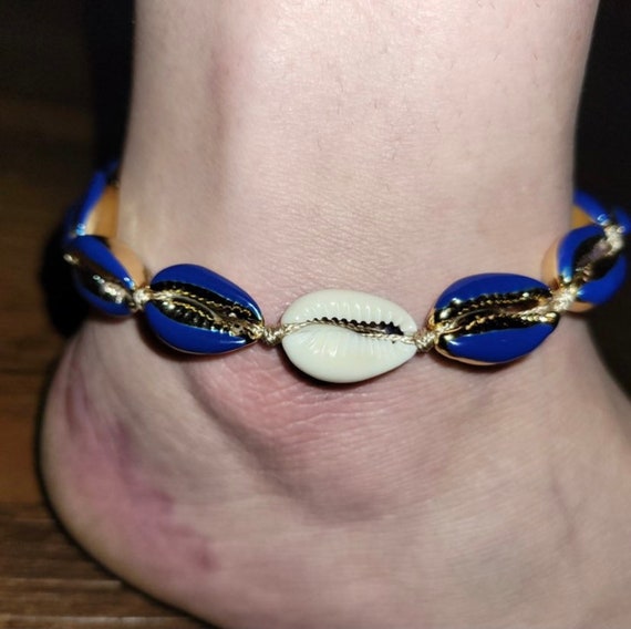 Blue Beaded Anklet Seashell Anklet Shell Anklet Cowrie Etsy