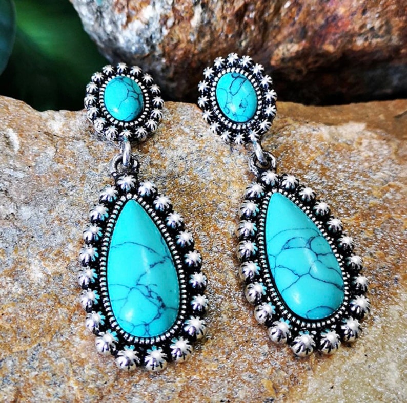 Turquoise water drop earrings, Silver boho turquoise earrings, Western turquoise earrings 