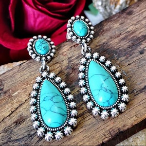 Turquoise water drop earrings, Silver boho turquoise earrings, Western turquoise earrings