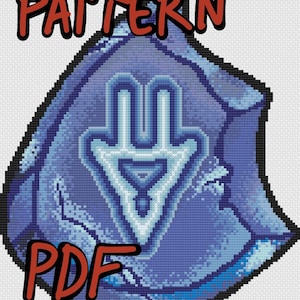May include: A blue and white cross stitch pattern of a stylized hand with a triangle in the center. The pattern is labeled "PATTERN PDF".