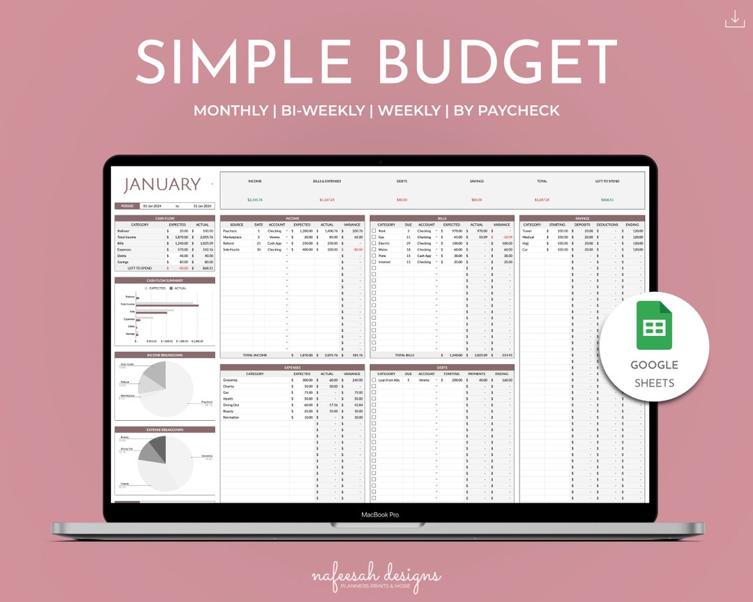 Monthly Budget Spreadsheet: Simple Google Sheets Planner (digital ...
