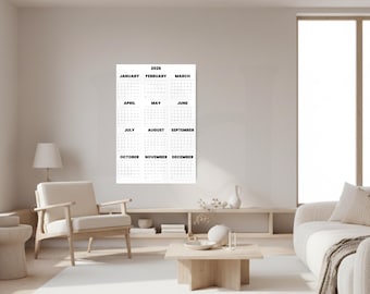 Aanpasbare wandkalenderplanner 2026 | X-grote poster | Jaar in één oogopslag | Minimalistische grote jaarplanner | Minimalistische wandkalender zwart-wit