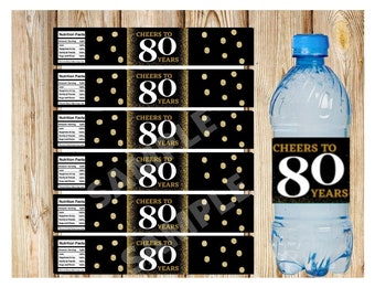 Etiquetas de botellas de agua del 80 cumpleaños, fiesta de cumpleaños número 80, descarga instantánea