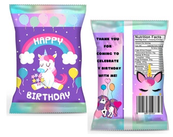 Etiquetas para bolsas de papas fritas de fiesta, bolsas de papas fritas de unicornio, descarga instantánea