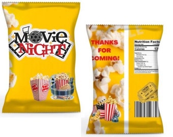 Etiquetas para fiesta de cine, bolsa de papas fritas para noche de cine, descarga instantánea