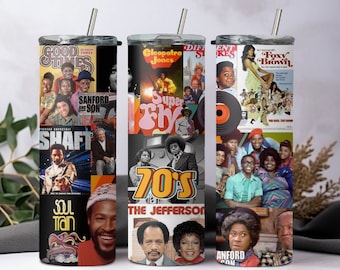 Vaso de comedia de situación de los 70, vaso de programas de los 70, vaso de buenos tiempos, programas de televisión negros, vaso de espectáculos negros, vaso de 20 oz