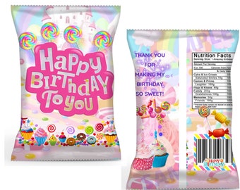 Fiesta de cumpleaños de Candyland, temática de dulces, bolsa de papas fritas, descarga instantánea