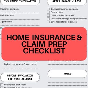 Könnte beinhalten: Eine Checkliste zur Vorbereitung von Hausratversicherungen und Schadensfällen mit Abschnitten für Versicherungsinformationen, nach Schäden/Verlusten und vor der Evakuierung. Die Checkliste enthält Aufforderungen zur Schadensdokumentation und zum Speichern von Belegen.