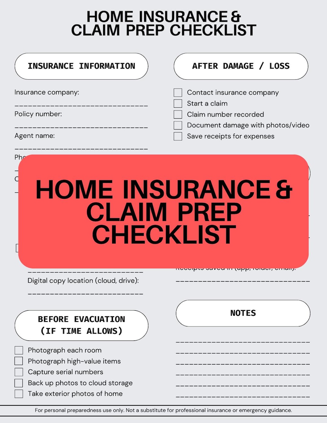 Home Insurance Rce Checklist Home Insurance & Claim Prep Checklist Printable | Insurance ...