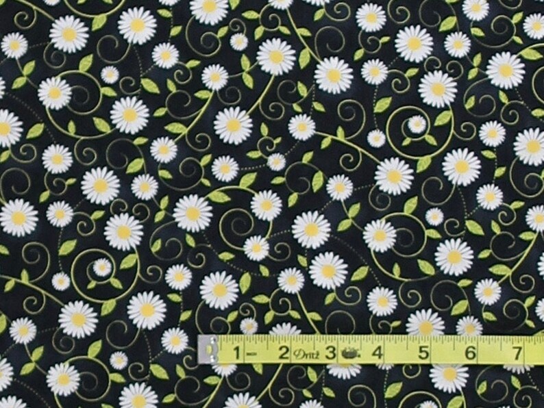 Daisies on Black Cotton Fabric by the Yard 43 Inches x WOF End of Bolt