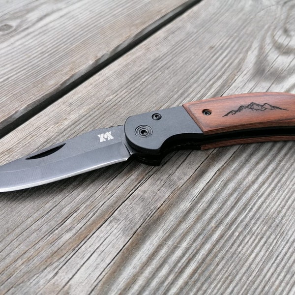 Pocket knife black personalized with cover wood look MOUNTAIN motif gift for mushroom hunters, anglers, hiking men and women
