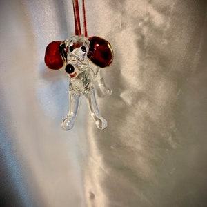 May include: A clear glass ornament shaped like a dog with red and gold ears. The ornament is hanging from a red and white ribbon.