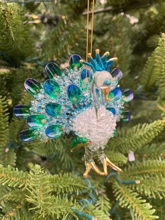 Adorno navideño de pavo real de vidrio | Etsy España