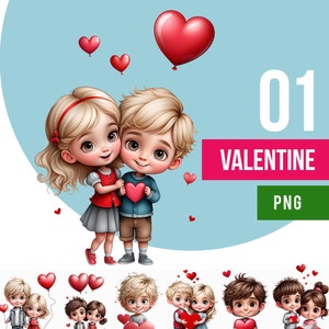 Valentine clipart, liefde, schattige kinderen PNG set, afdrukbaar, Instant Download, Valentines ontwerp voor shirts mokken jongen en meisje kunst vriendje paar