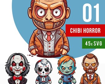 Halloween Chibi Horror Movie Clipart Bundle, 45 Graphics (SVG, PNG)