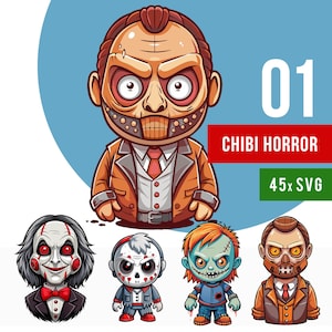 Haloween Clipart SVG Chibi Horror Movies, Bundle 45 Graphics, Set Cute Horror Sublimation, Scary movie png, Funny Halloween Horror png